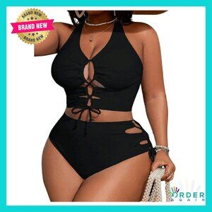 Lace Up High Waist Bikini Set Tummy Control Sexy Swimsuit Plus Size